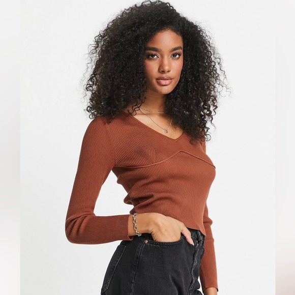 ASOS DESIGN ribbed knitted top with corset detail in brown - Picture 4 of 4